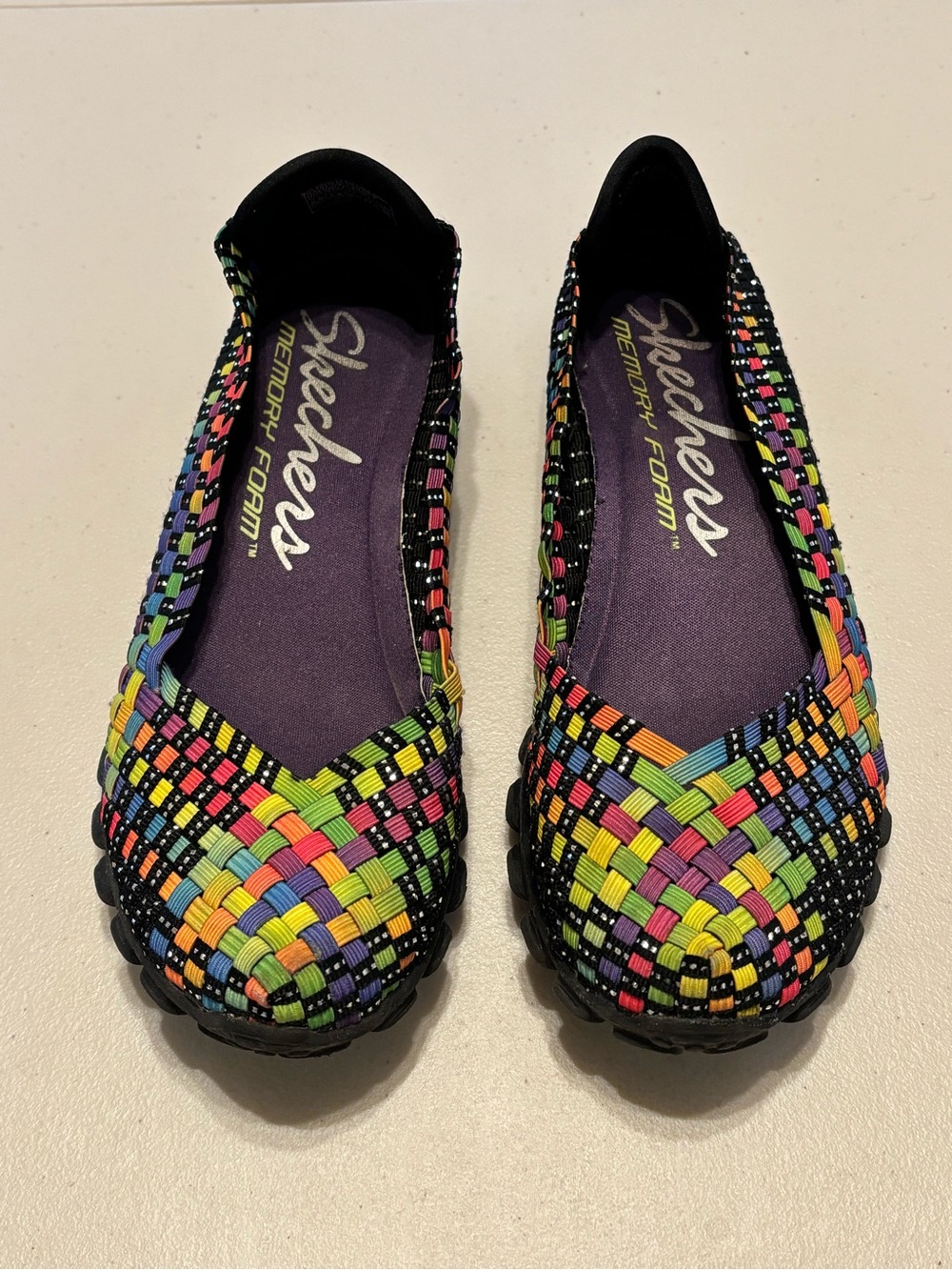Skechers Black Rainbow Woven Slip-On Flats 6.5